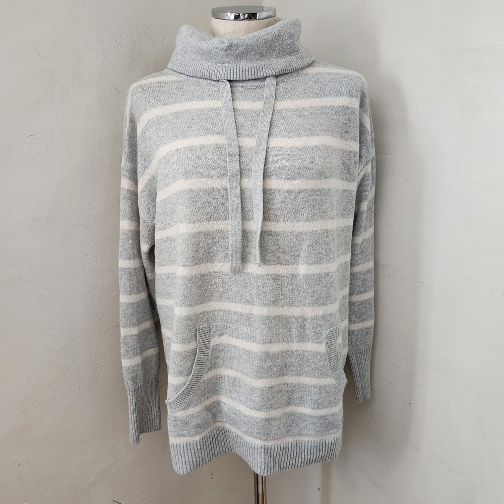 LOFT Womens Large Grey White Striped Cowl Neck Tunic Sweater Kangaroo Pocket